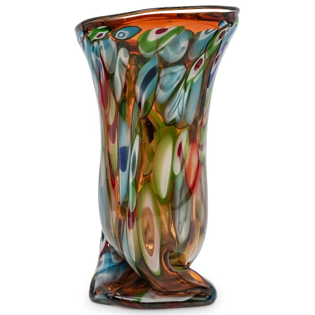 Murano Multicolor Hand-Blown Glass Vase: Murano Multicolor Hand-Blown Glass VaseMid to late 20th Cent., ItalyFree-form multicolor art glass vase featuring elongated teardrop and "eye" motifs in blue, green, amber, red, and white tonesH: 14.1