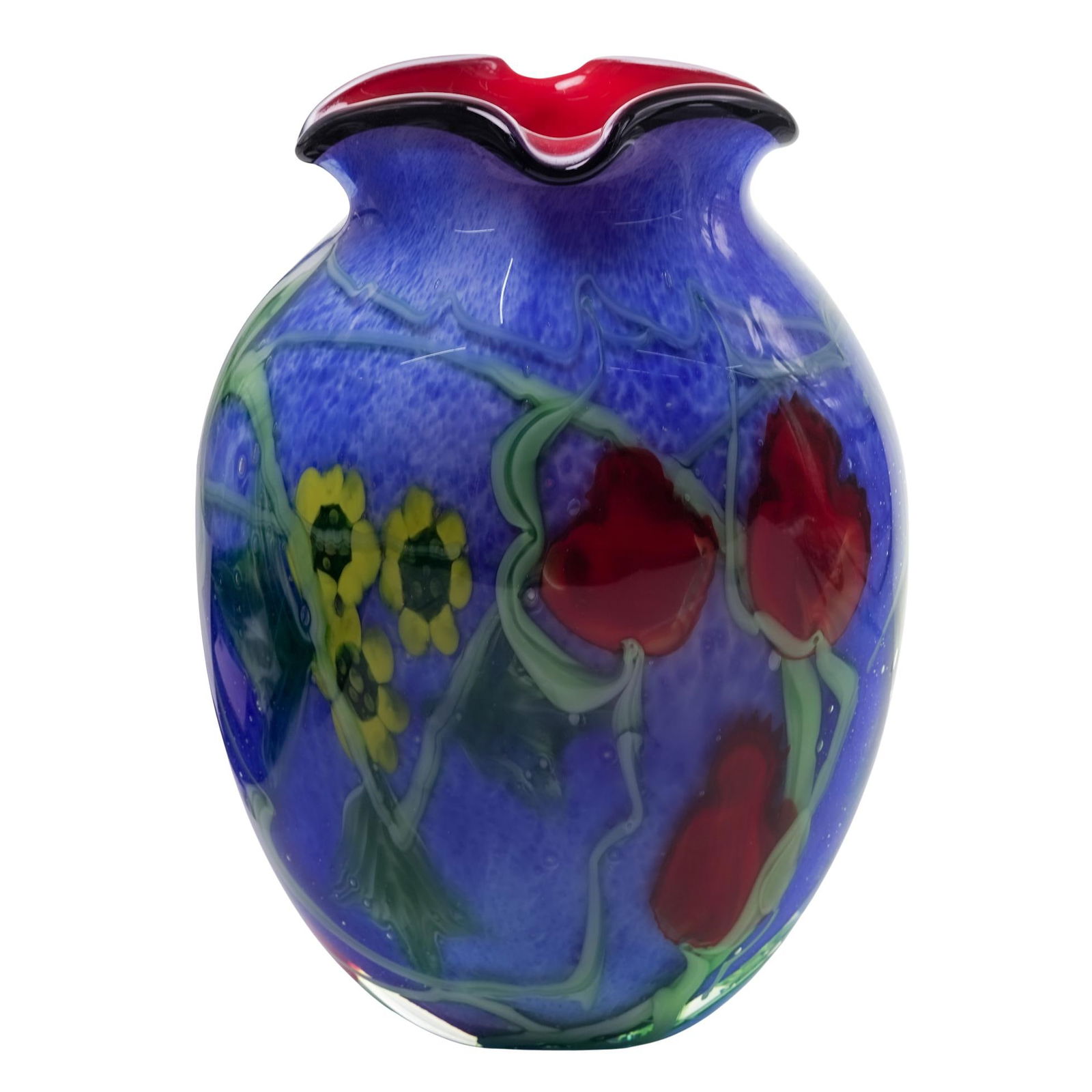 Murano Glass Heart and Vine Vase: Murano Glass Heart and Vine Vase 20th Century, Italy A Murano art glass vase with a heart and vine pattern design and with floral decoration. H 12 1/8" L 7 3/4" W 4"