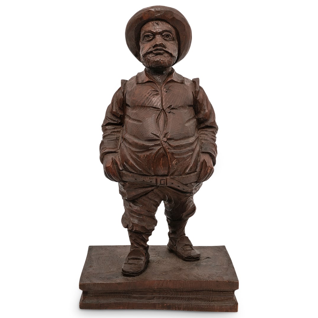 Vintage Folk Art Hand-Carved Wooden Sancho Panza Figure: Vintage Folk Art Hand-Carved Wooden Sancho Panza Figure Mid 20th Cent., Spain Hand-Carved wooden folk art figure depicting Sancho Panza, the iconic squire from Don Quijote by Miguel de Cervantes. The