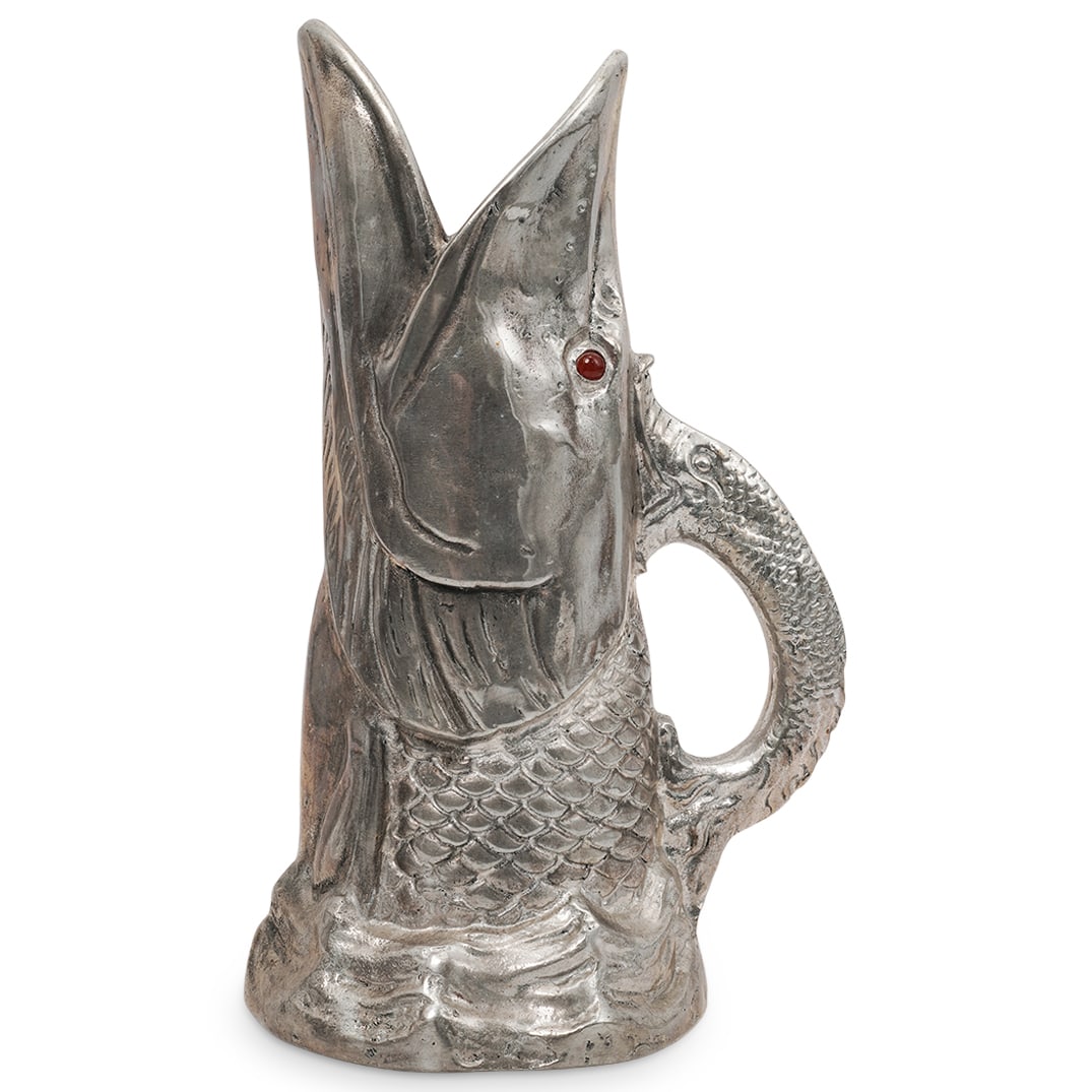 Arthur Court Cast Aluminum Fish Pitcher: Arthur Court Cast Aluminum Fish Pitcher 1977, USA Arthur Court cast aluminum sculptural pitcher formed as a stylized fish with an elongated open mouth serving as the vessel opening. The eyes are set