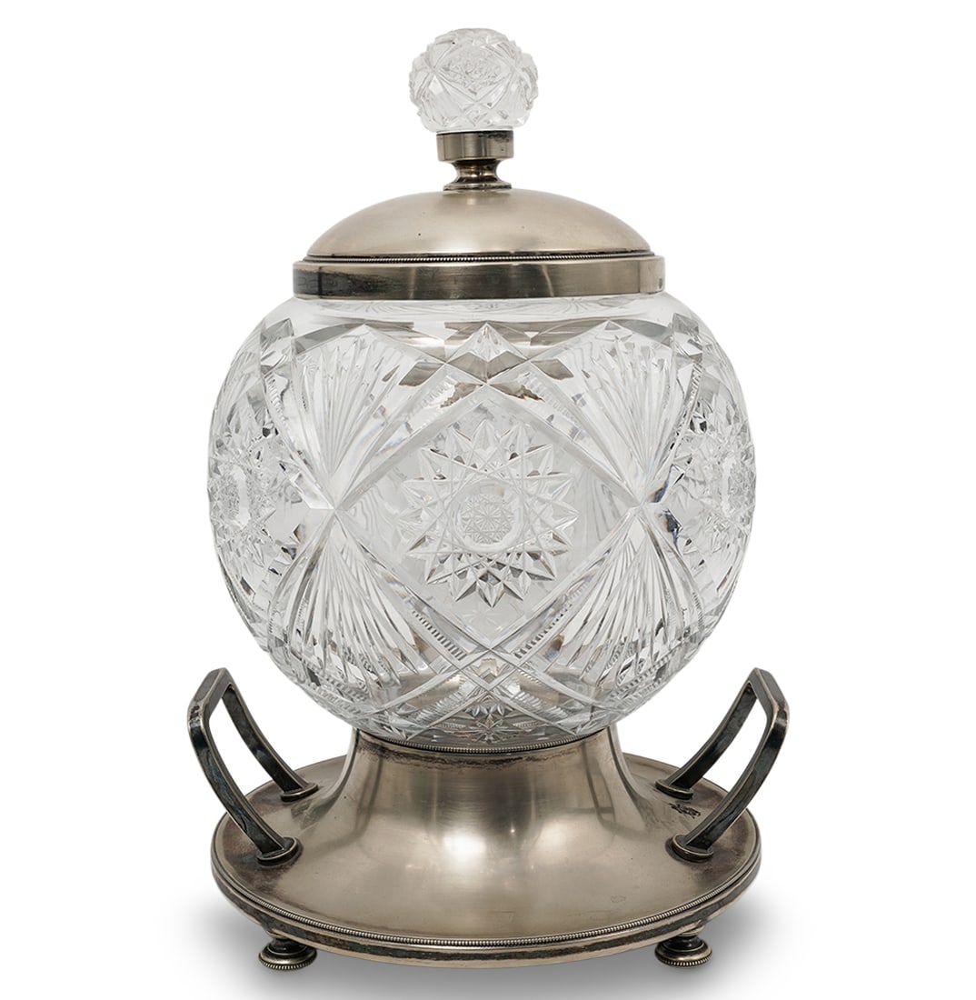 Antique WMF Cut Crystal & Silver Plate Punch Bowl: Antique WMF Cut Crystal & Silver Plate Punch Bowl Early 20th c., Germany German Württembergische Metallwarenfabrik (WMF) cut crystal globular punch bowl featuring a hobstar and fan design, with a