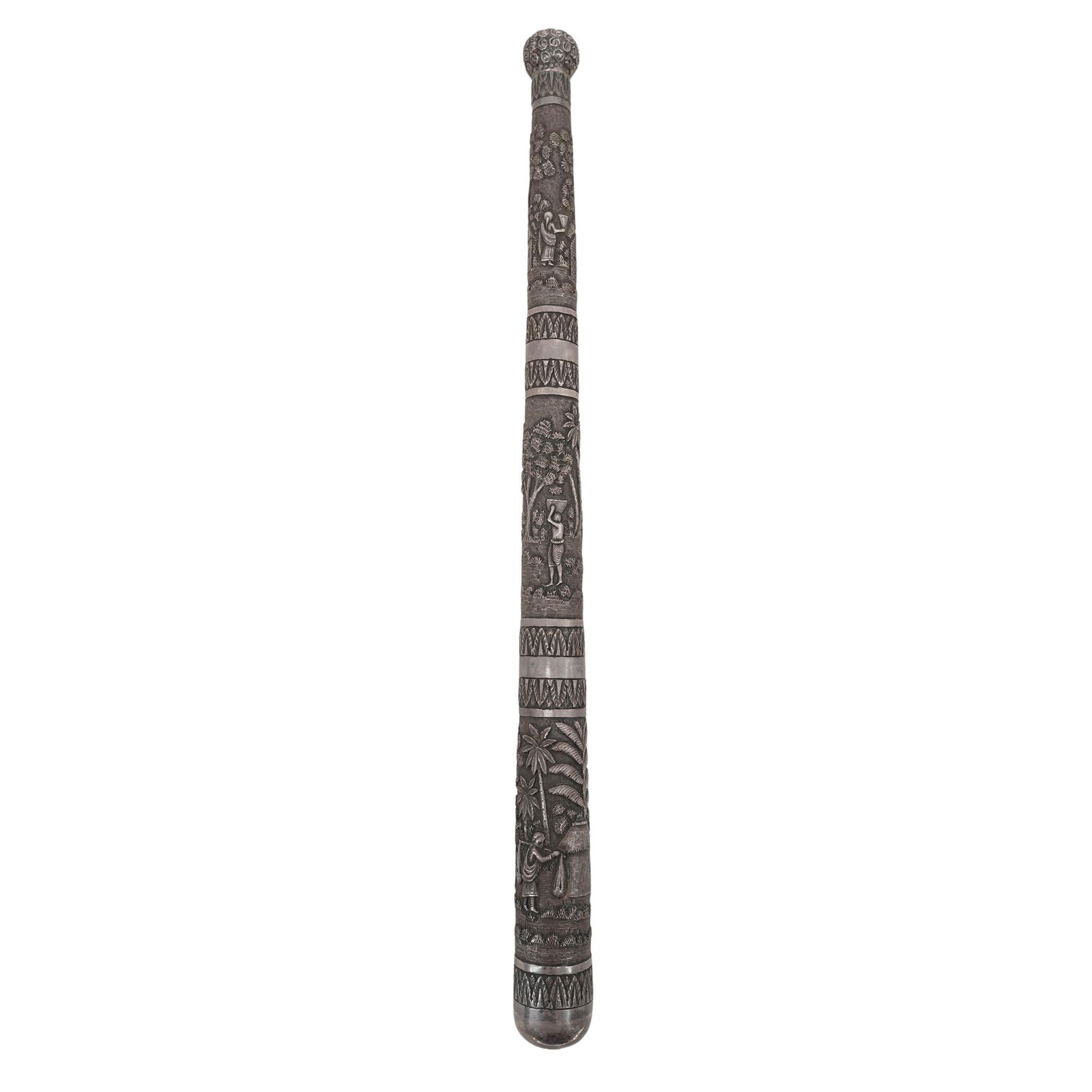 Antique Indian Silver Ceremonial Baton: Antique Indian Silver Ceremonial Baton Late 19th-Early 20th c., India Indian sterling silver ceremonial or presentation baton finely decorated in high relief with rural village life scenes including