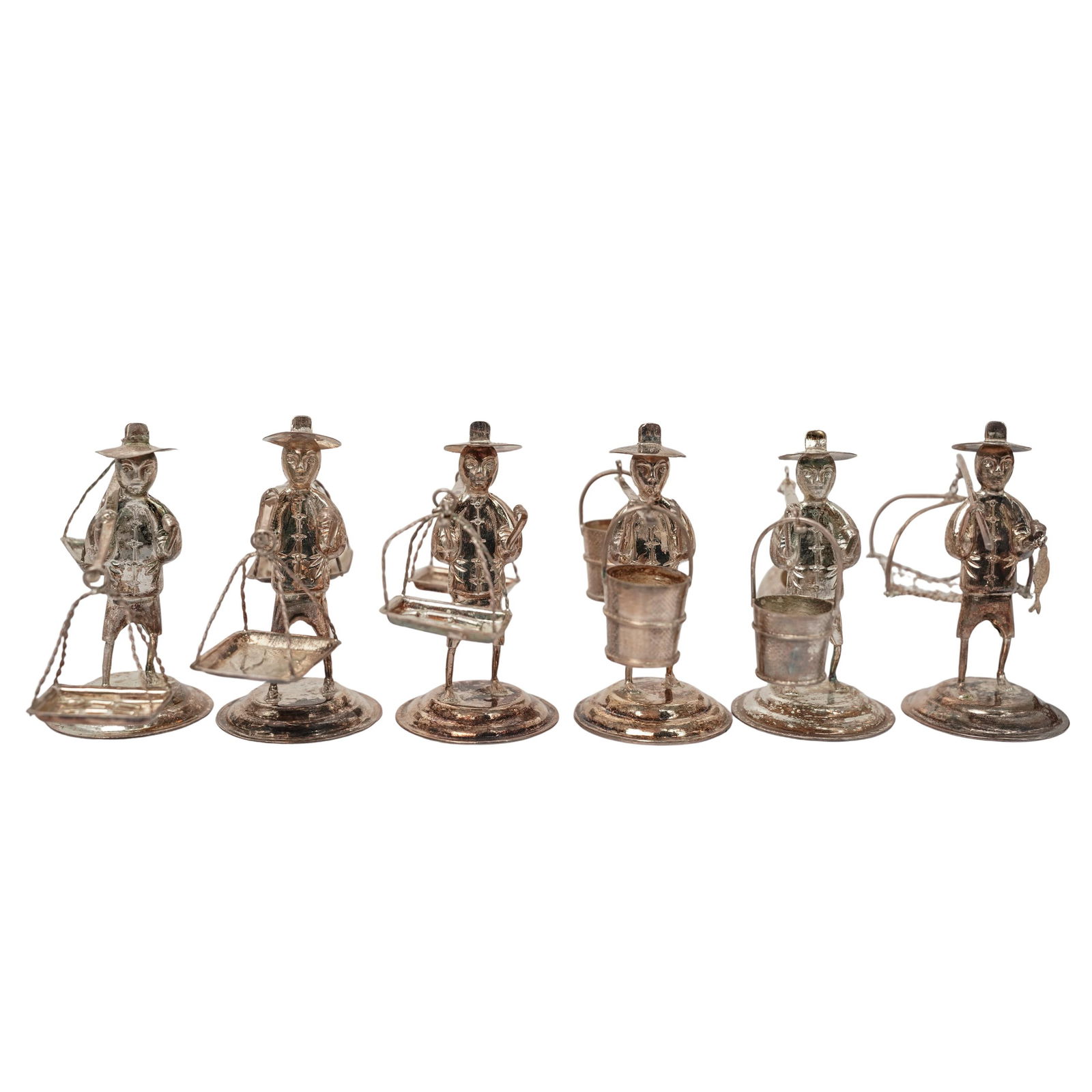 (6 Pc) Vintage Hong Kong Sterling Silver Card Holders: (6 Pc) Vintage Hong Kong Sterling Silver Card Holders 20th c., Hong Kong Sterling silver figural place card holders depicting assorted agricultural workers. Marked "Hong Kong Sterling" on the
