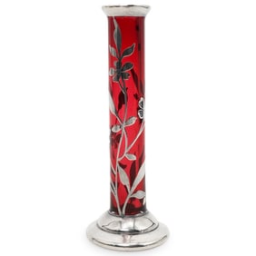 Sterling Silver Overlay Cranberry Glass Bud Vase