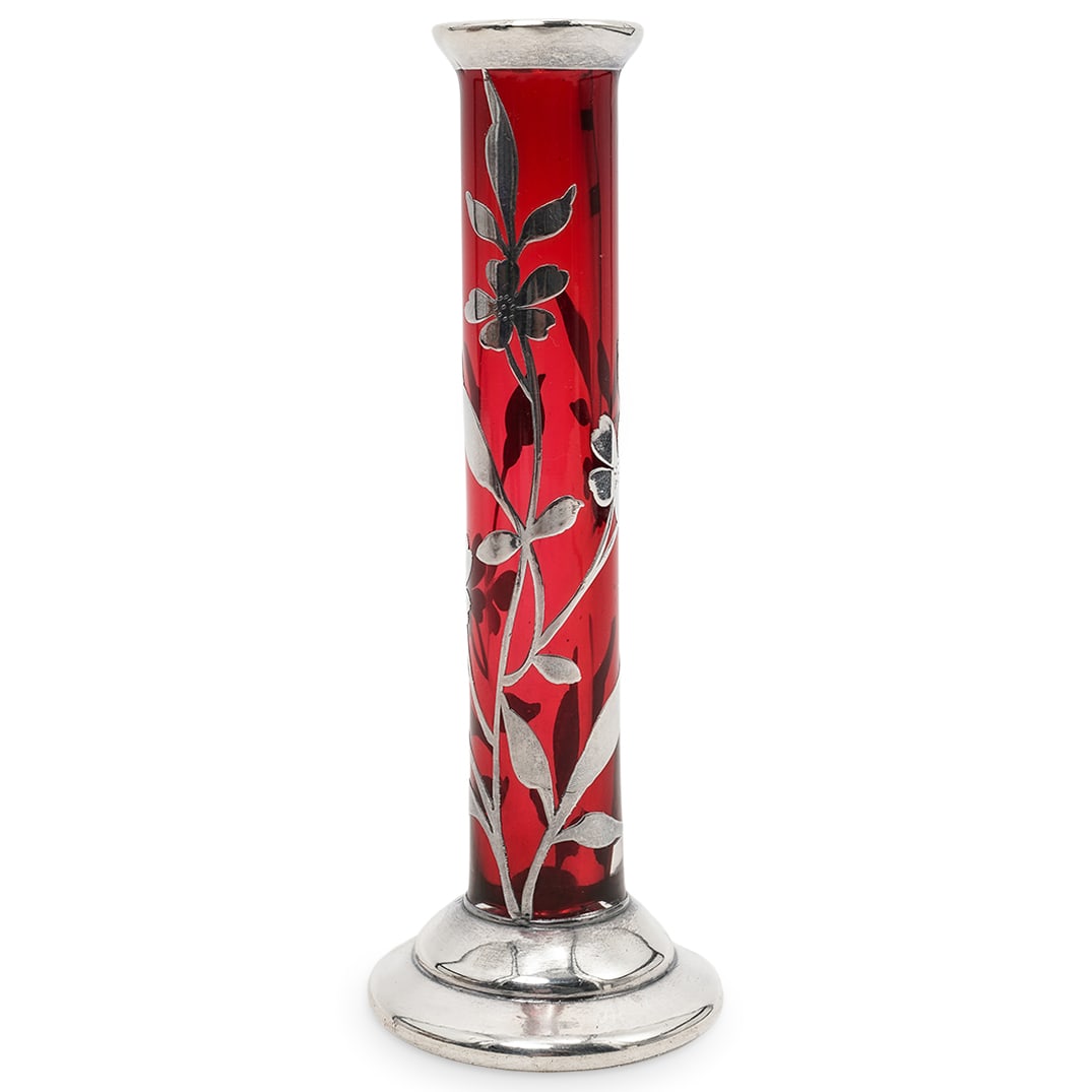 Sterling Silver Overlay Cranberry Glass Bud Vase: Sterling Silver Overlay Cranberry Glass Bud Vase Early-Mid 20th century, continental Vintage Sterling Silver Overlay Ruby Red Glass Vase. Vase featuring an intricate sterling silver overlay in floral