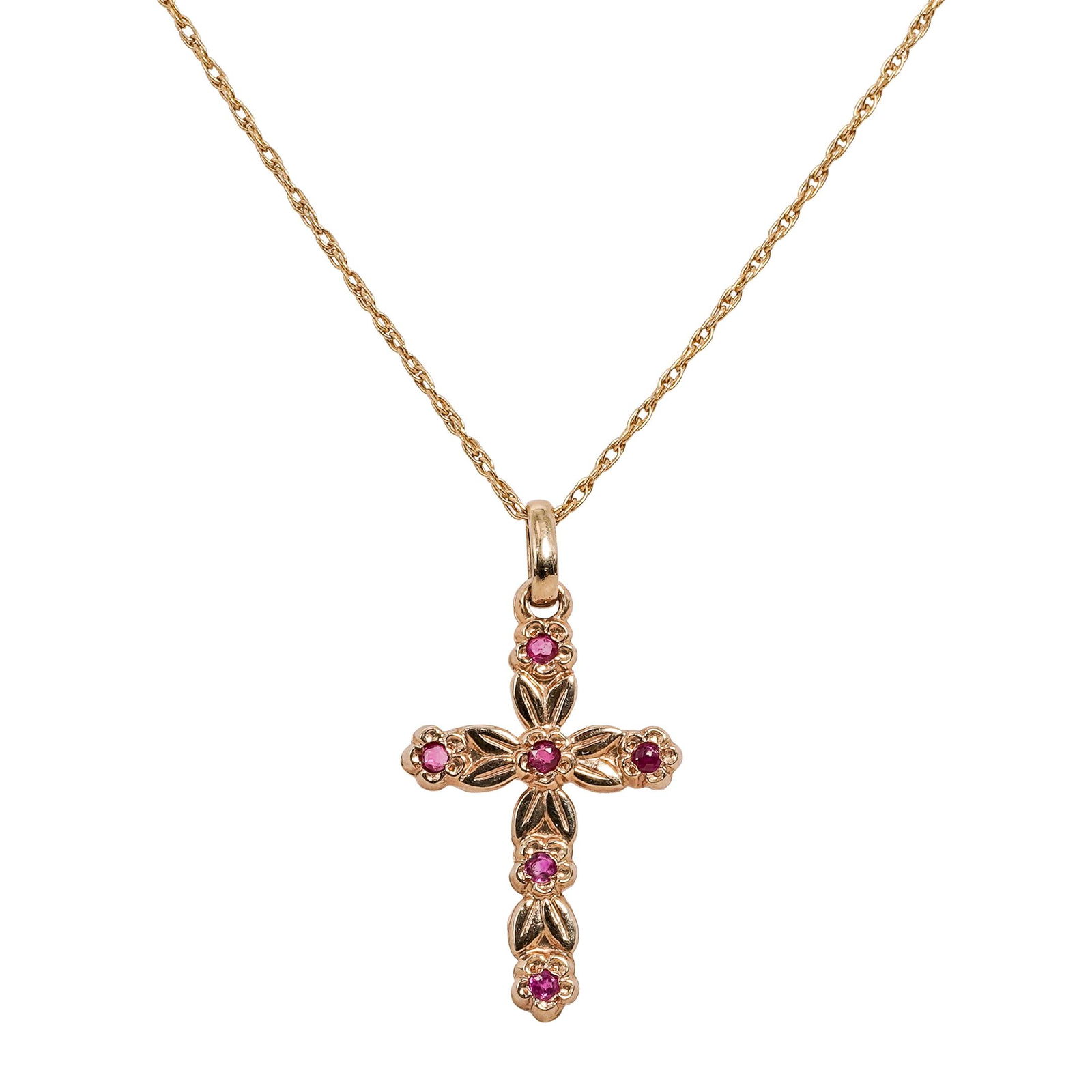 Ballou 14k Gold Cross Necklace: Ballou 14k Gold Cross Necklace 20th century, American 14k gold cross pendant necklace with inset pink stones by Ballou Jewelry. Marked on cross "BAB 14k" as well as on chain near clasp. Total weight: