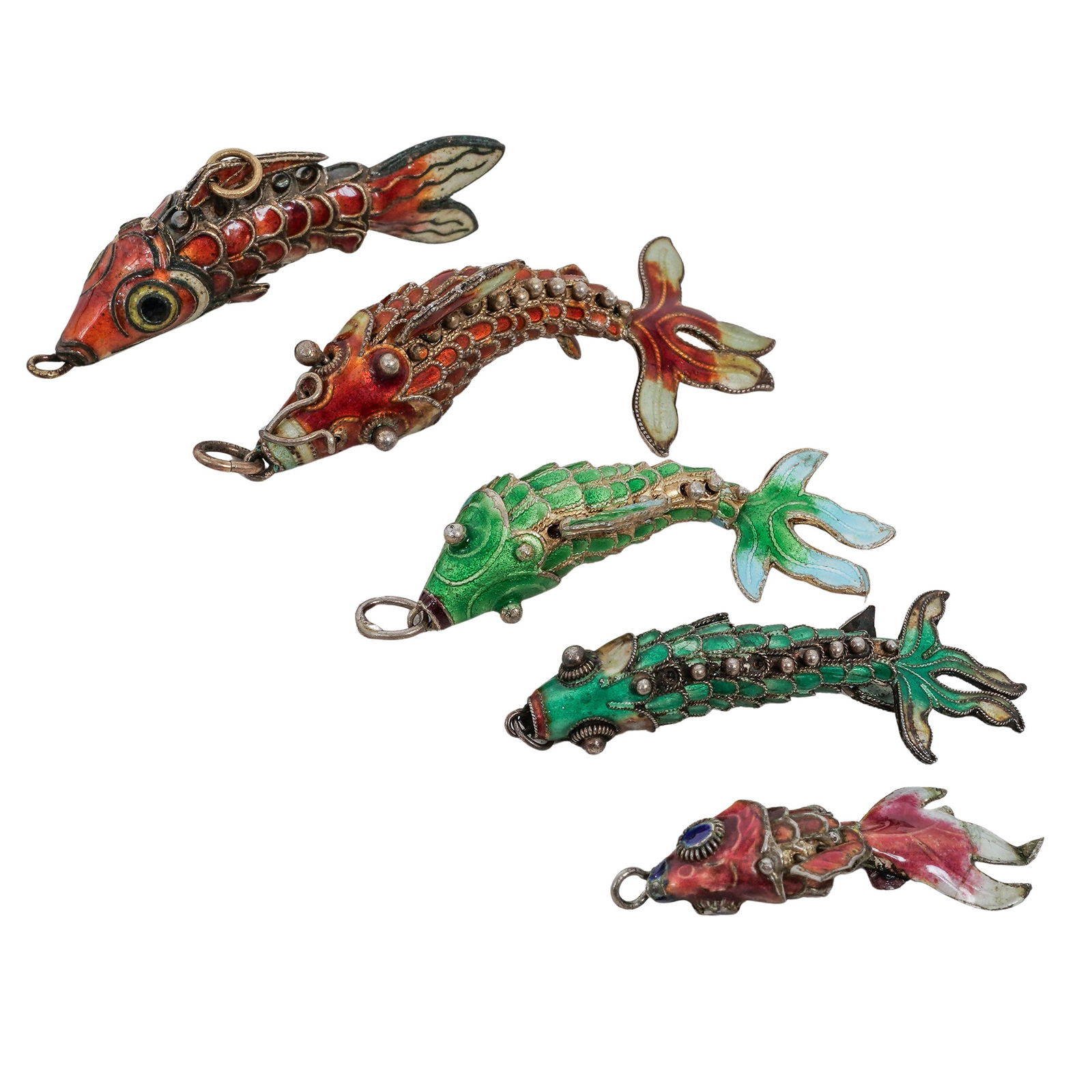 (5pc) Chinese Silver & Enamel Articulated Fish Pendants: (5pc) Chinese Silver & Enamel Articulated Fish Pendants Mid 20th Cent., Chinese The group comprises five articulated Koi fish form pendants crafted in silver and decorated with colorful enamel. L: 2