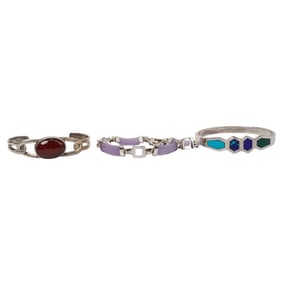 (3 Pc) Sterling Silver & Semi-Precious Stone Bracelets