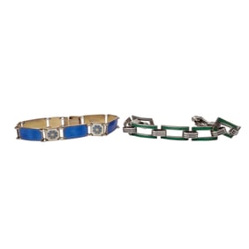 (2 Pc) Sterling Silver & Guilloche Enamel Bracelets