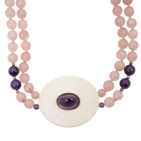 Rose Quartz, Amethyst & Bone Beaded Necklace