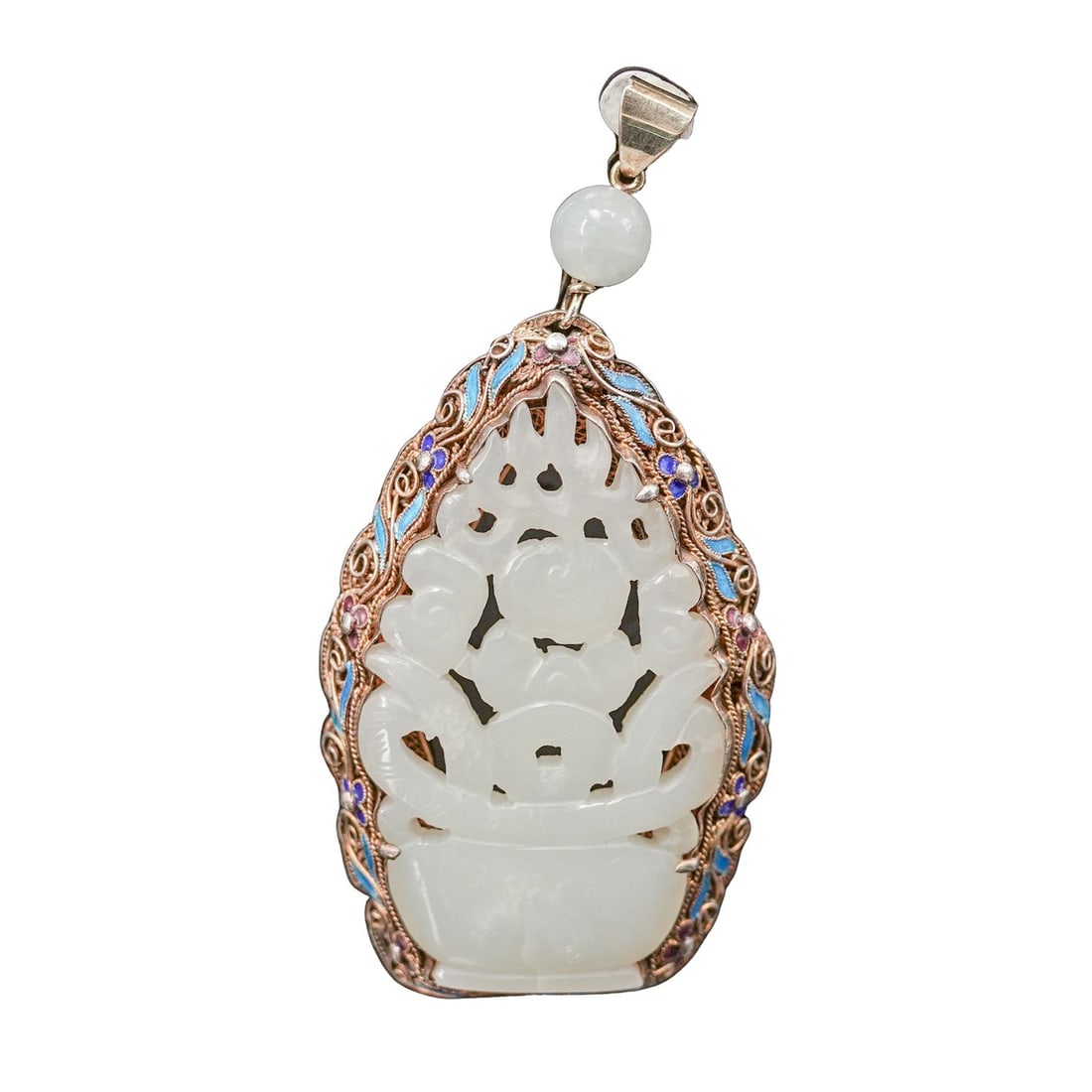 Antique Chinese Gilt Silver Enamel Jade Pendant: Antique Chinese Gilt Silver Enamel Jade PendantMid Cent., ChineseAntique Chinese gilt silver filigree enamel carved jade pendant. The reverse is hallmarked "Silver". Total weight: 38 gramsL: 3 5/8" W:
