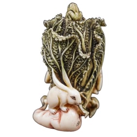 Antique Chinese Carved Bone Cabbage & Critters Snuff Bottle