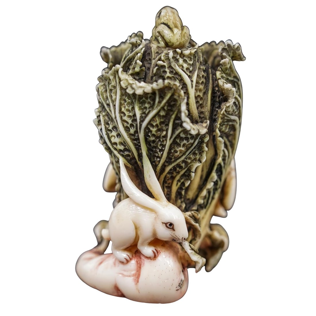 Antique Chinese Carved Bone Cabbage & Critters Snuff Bottle: Antique Chinese Carved Bone Cabbage & Critters Snuff Bottle 19th-20th c., China Antique Chinese highly detailed hand-carved and painted bone snuff bottle. It features a rabbit eating a carrot and a