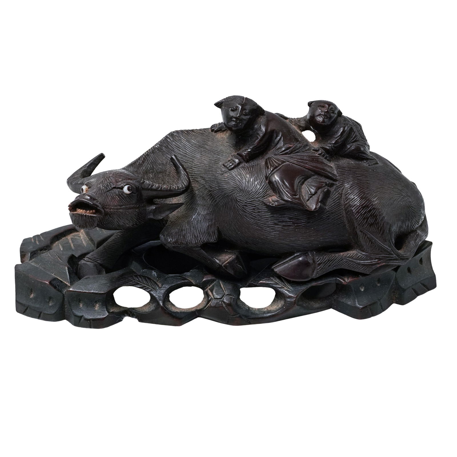 Antique Chinese Carved Wood Water Buffalo with Glass Eyes: Antique Chinese Carved Wood Water Buffalo with Glass Eyes Early-20th century, China Antique Chinese Carved Wooden sculpture of a water buffalo with figures of two children riding on its back.The