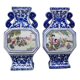 Pair of Chinese Qing Dynasty Blue & White Porcelain Vases