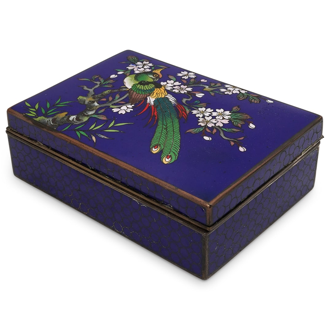 Japanese Cloisonne Trinket Box, Marked: Japanese Cloisonne Trinket Box, Marked1940, JapaneseVintage "CPO" "Central Purchasing Offic"e Japanese Cloisonne Trinket BoxIt features a distinctive deep blue enamel background with a design of a bir