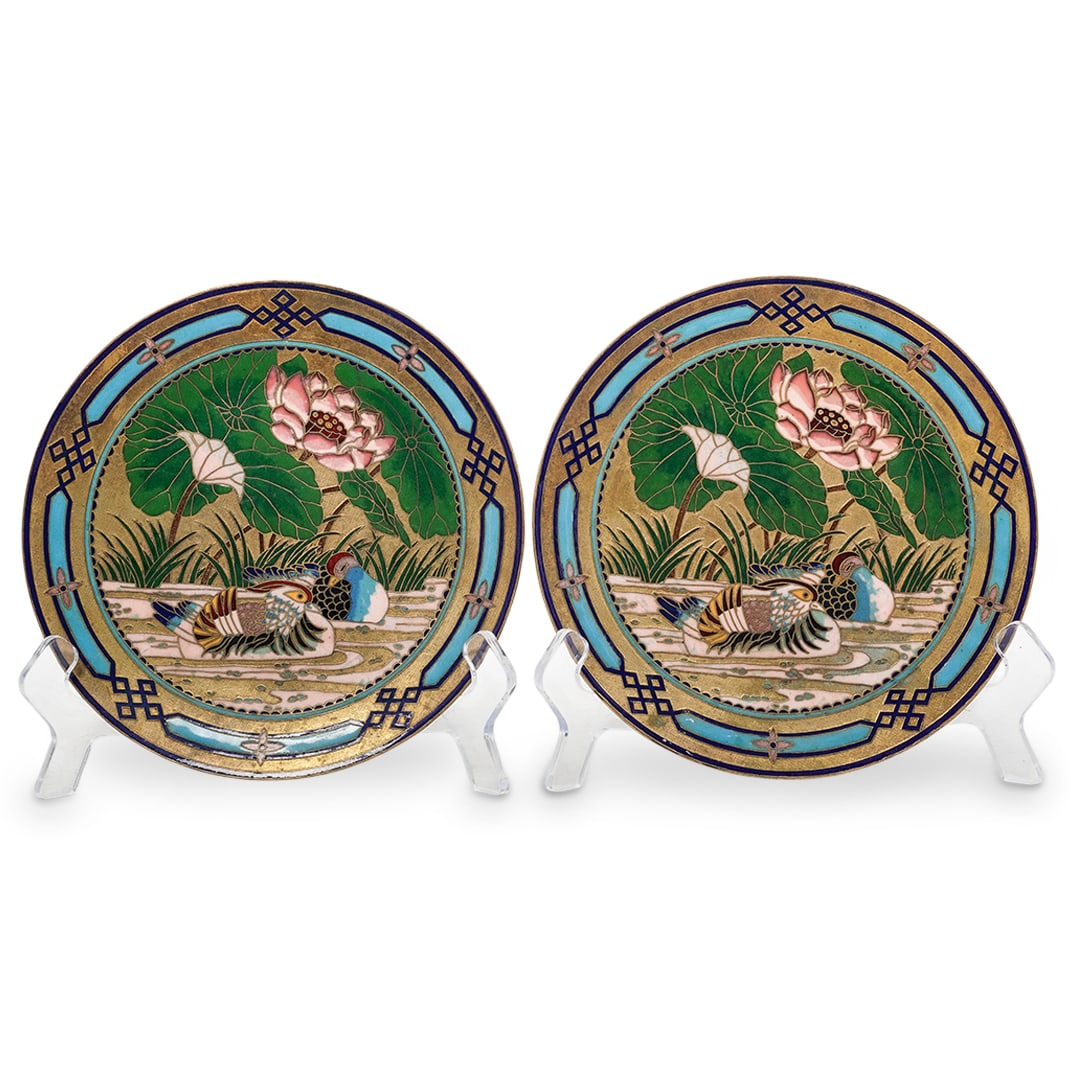 Pair of Vintage Chinese Enameled Cloisonne Mandarin Duck Plates (1 of 7)