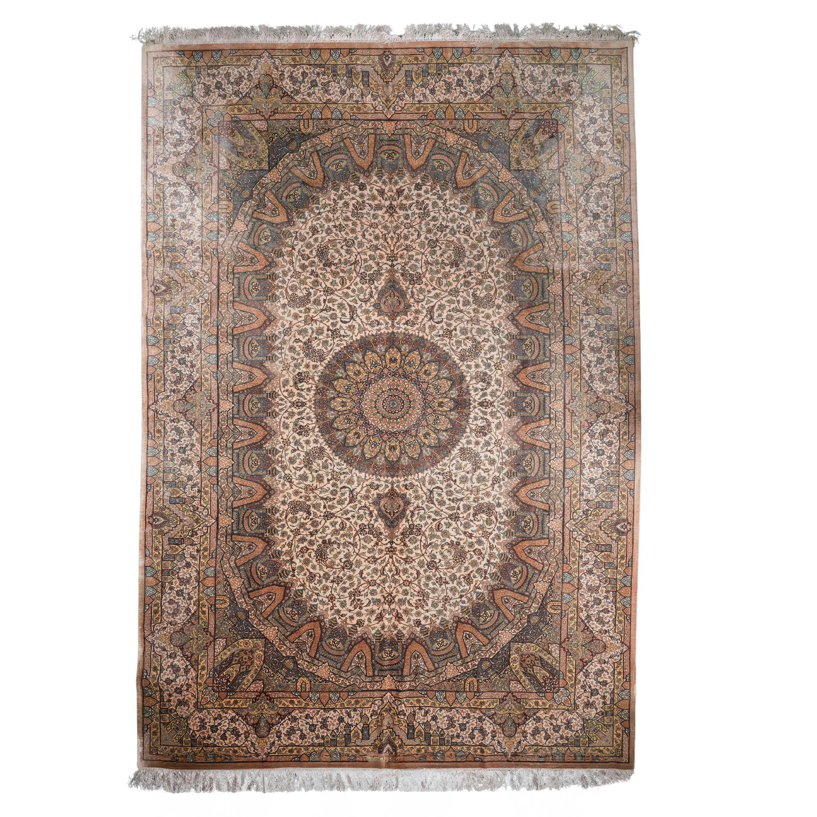 Silk Signed "Ahmadi" Persian Qum Rug: Silk Signed "Ahmadi" Persian Qum Rug20th century, IranA Persian silk "Qum" rug in a gold color scheme with neutral tones and green, red, blue accents. "Qum" indicates the style of finely woven Persian