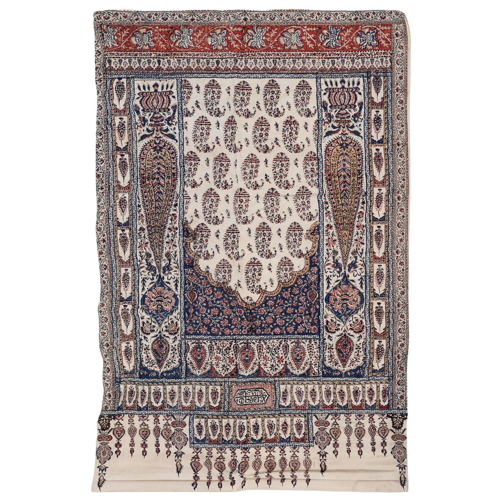 Iranian Isfahan Mihrab Floral Ghalamkar Cotton Textile: Iranian Isfahan Mihrab Floral Ghalamkar Cotton Textile20th century, IranAn Isfahan Iranian ghalamkar textile constructed from cotton with printed wood block geometric designs throughout in red, gold,