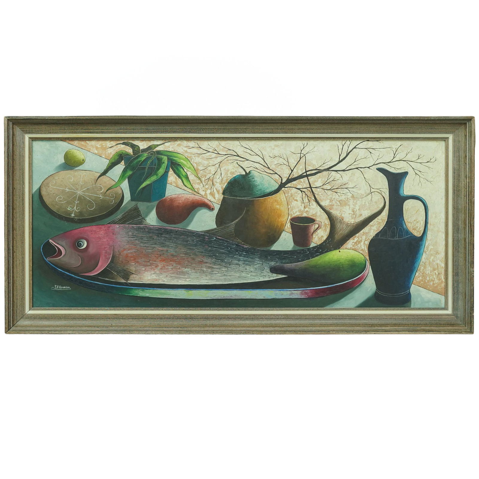 Jacques Enguerrand-Gourgue (Haitian, 1936-1996) Oil on Board Still Life Painting: Jacques Enguerrand-Gourgue (Haitian, 1936-1996) Oil on Board Still Life Painting20th century, HaitiA still life oil on board painting by Haitian artist Jacques Enguerrand-Gourgue (b. 1936 d. 1996). Si