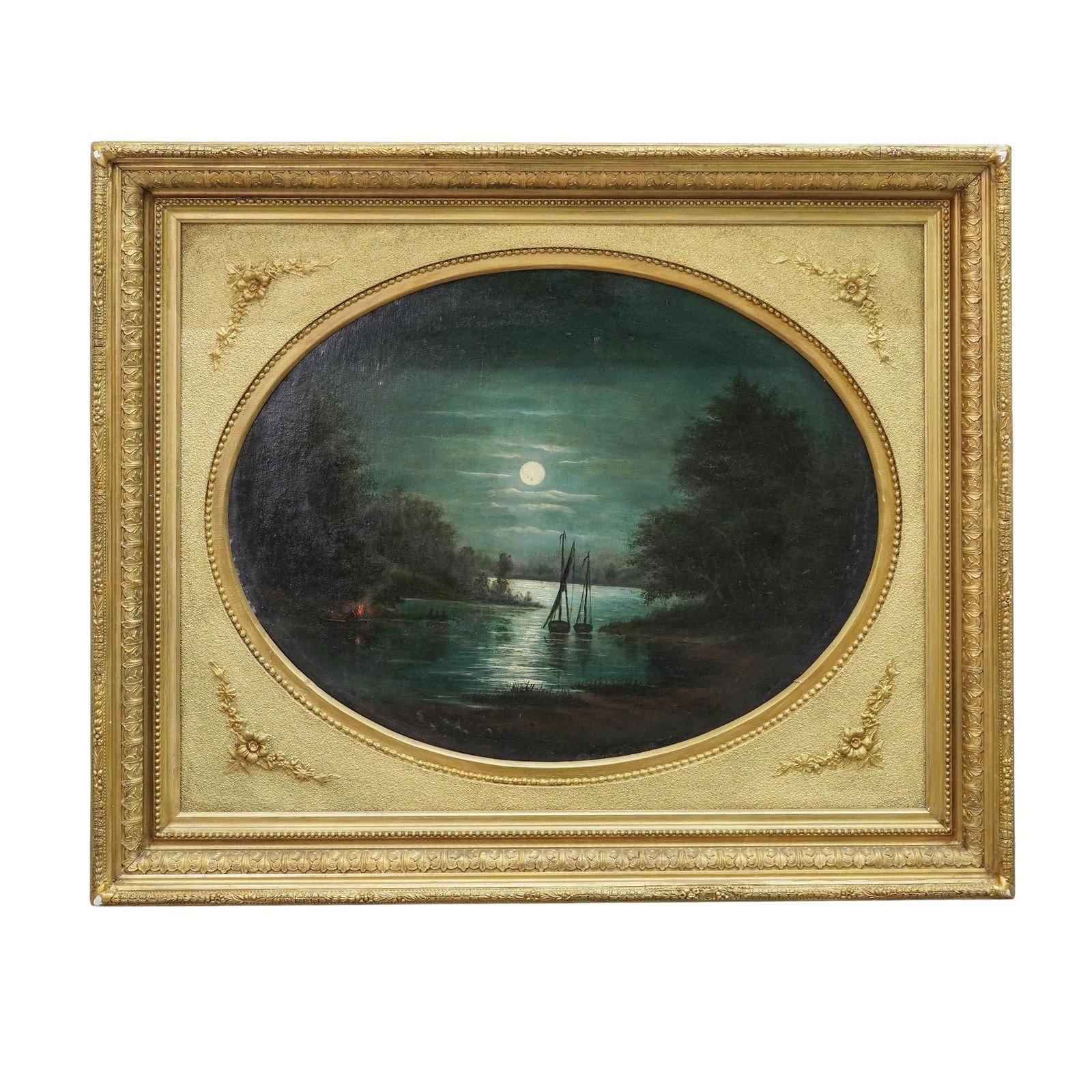 Attributed to El'Pidfor Konstantinovich (Russian, 19th Cent.) Oil On Canvas Painting: Attributed to El'Pidfor Konstantinovich (Russian, 19th Cent.) Oil On Canvas Painting19th Cent. RussianOil on canvas depicting a moonlit landscape with boat and campfire. The work is presented in a cus