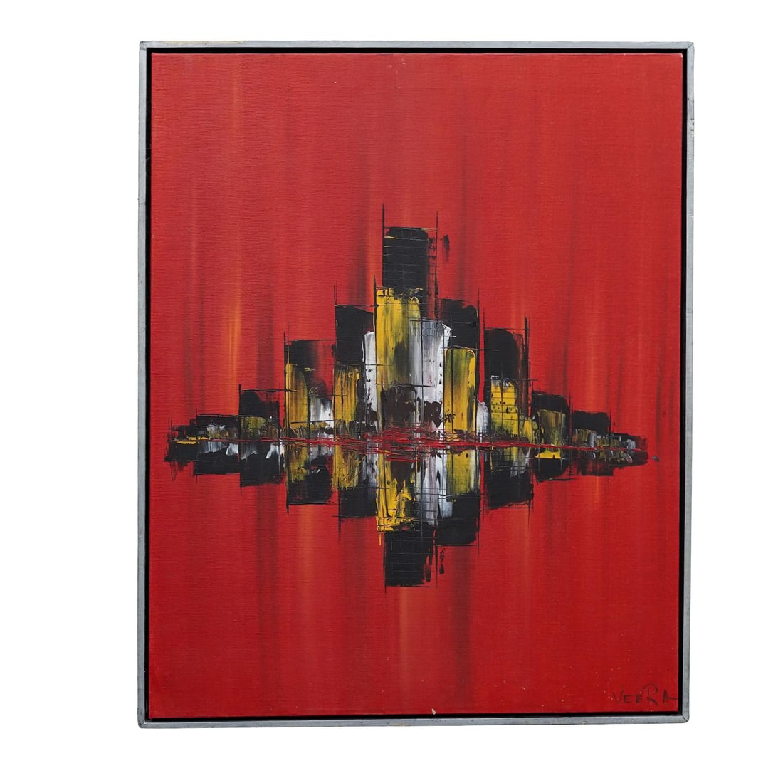 Signed "Veera" Abstract Cityscape Oil on Canvas: Signed "Veera" Abstract Cityscape Oil on CanvasMid 20th centuryAn abstract cityscape oil on canvas artwork signed "Veera" in the bottom right corner. Hand-painted frame.Frame H 31" x W 25" Canvas H 30