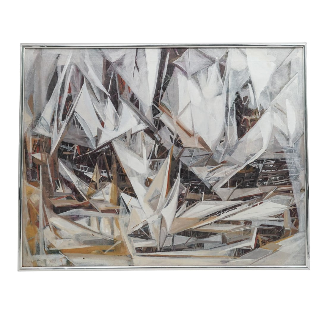 Signed Abstract Cubist Architectural Acrylic on Canvas: Signed Abstract Cubist Architectural Acrylic on Canvas20th centuryAn acrylic on canvas painting featuring an abstract cubist-inspired architectural composition. Signed illegibly in bottom right. Chrom