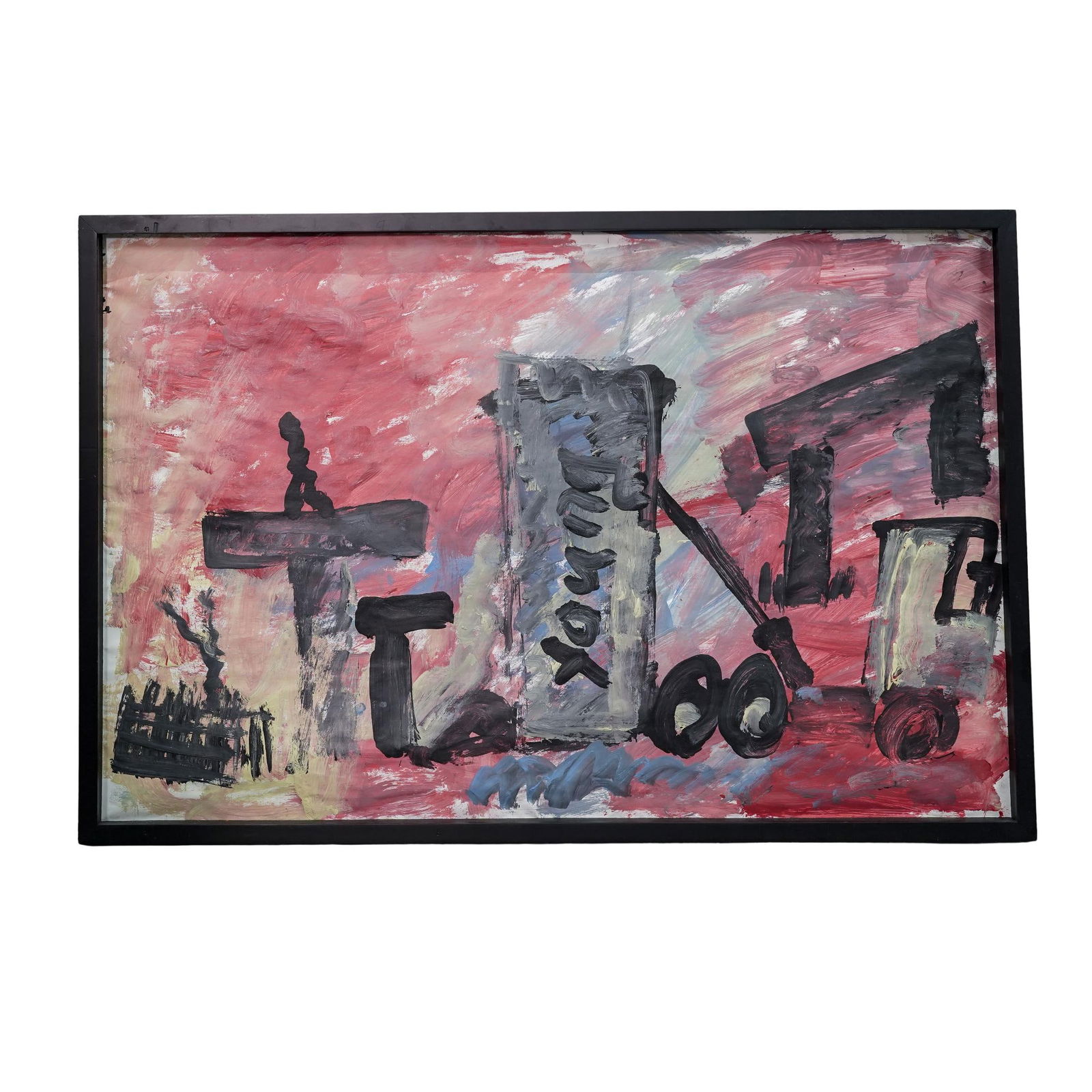 Purvis Young (American, 1943-2010) Mixed Media Painting: Purvis Young (American, 1943-2010) Mixed Media Painting20th cent.Framed Purvis Young (American, b. 1943 d. 2010) mixed media painting on paper. Signed "Young" across center.Frame H 24" x W 36" Artwork