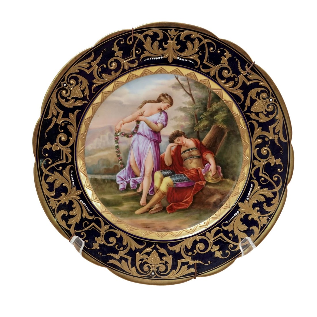 Antique Royal Vienna Porcelain Cabinet Plate Signed Riemer: Antique Royal Vienna Porcelain Cabinet Plate Signed Riemer19th century, AustriaAntique Royal Vienna Porcelain Cabinet Plate Signed RiemerThe plate featuring mythological scene, rich cobalt blue border