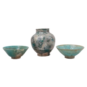 (3 Pc) Raku-Fired Art Pottery Vase & Bowls