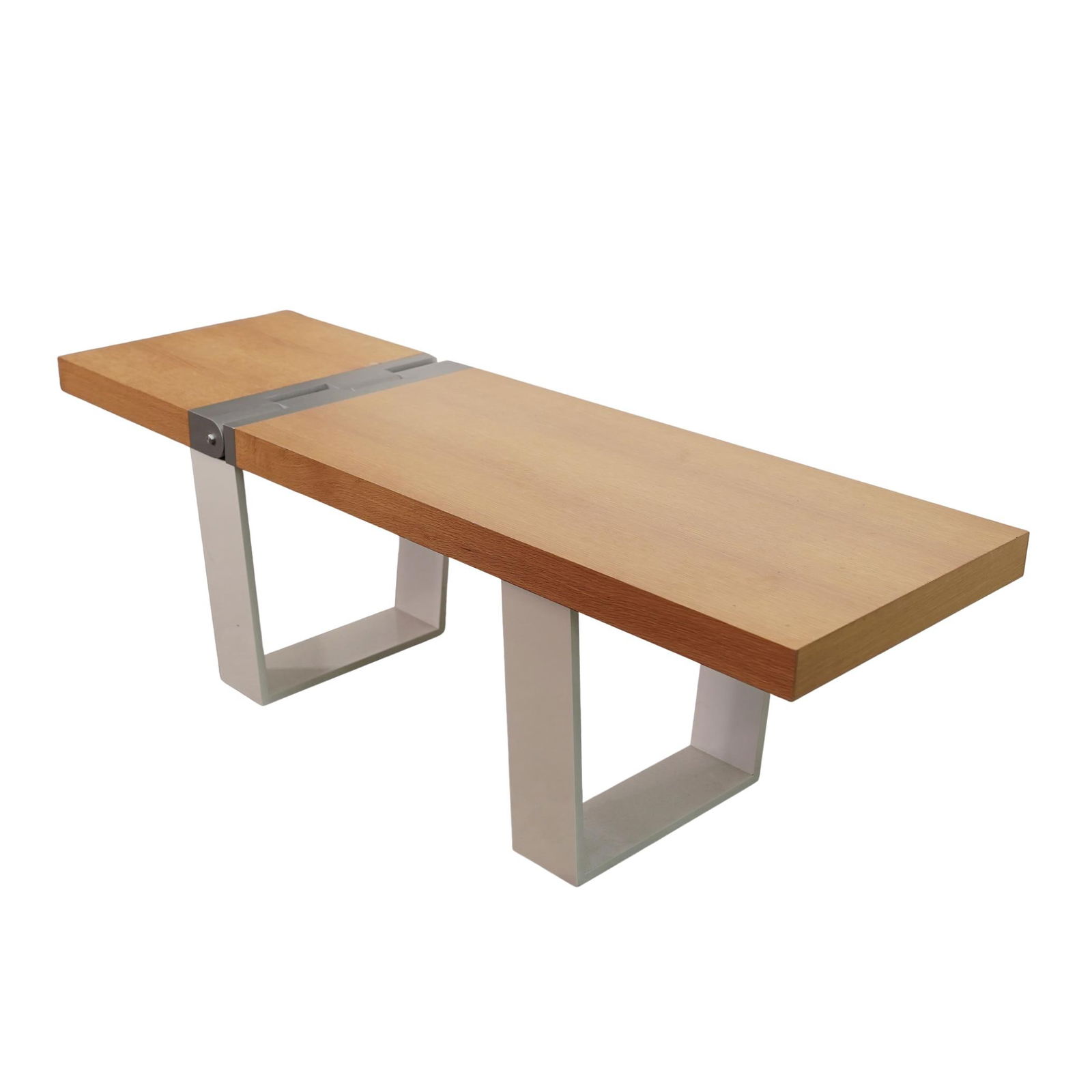 Postmodern Modular Wood and Metal Extendable Table: Postmodern Modular Wood and Metal Extendable Table20th century,A postmodern modular extendable table featuring a wood table top, silver metal hardware and white metal legs.H 16 1/2" W 16" L 36" Extend