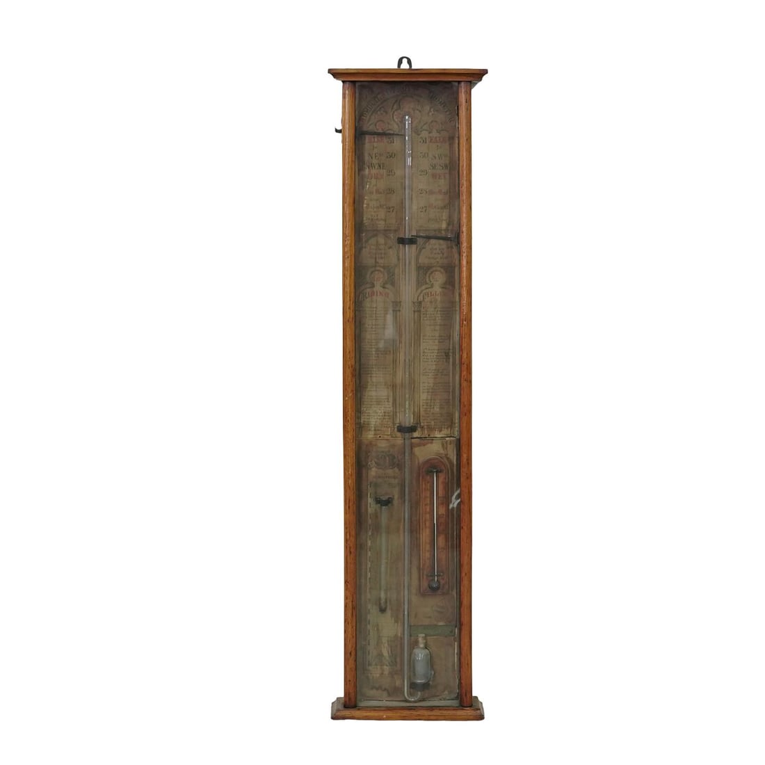 Antique Admiral FitzRoy–Type Mercury Barometer: Antique Admiral FitzRoy–Type Mercury BarometerEngland, Late 19th Century- Early 20th Cent.Tall oak-cased mercury barometer of the type popularized by Robert FitzRoy, featuring a glazed front reveali