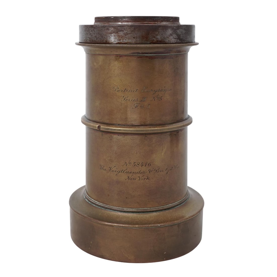 Antique Voigtlander & Sohn Euryscope Series III No. 5 Brass Lens: Antique Voigtlander & Sohn Euryscope Series III No. 5 Brass Lens1880s-1890s, Austrian company, New YorkAn antique brass lens by Voigtlander and Sohn. Marked "Portrait Euryscope Series III No. 5 F.4.5"