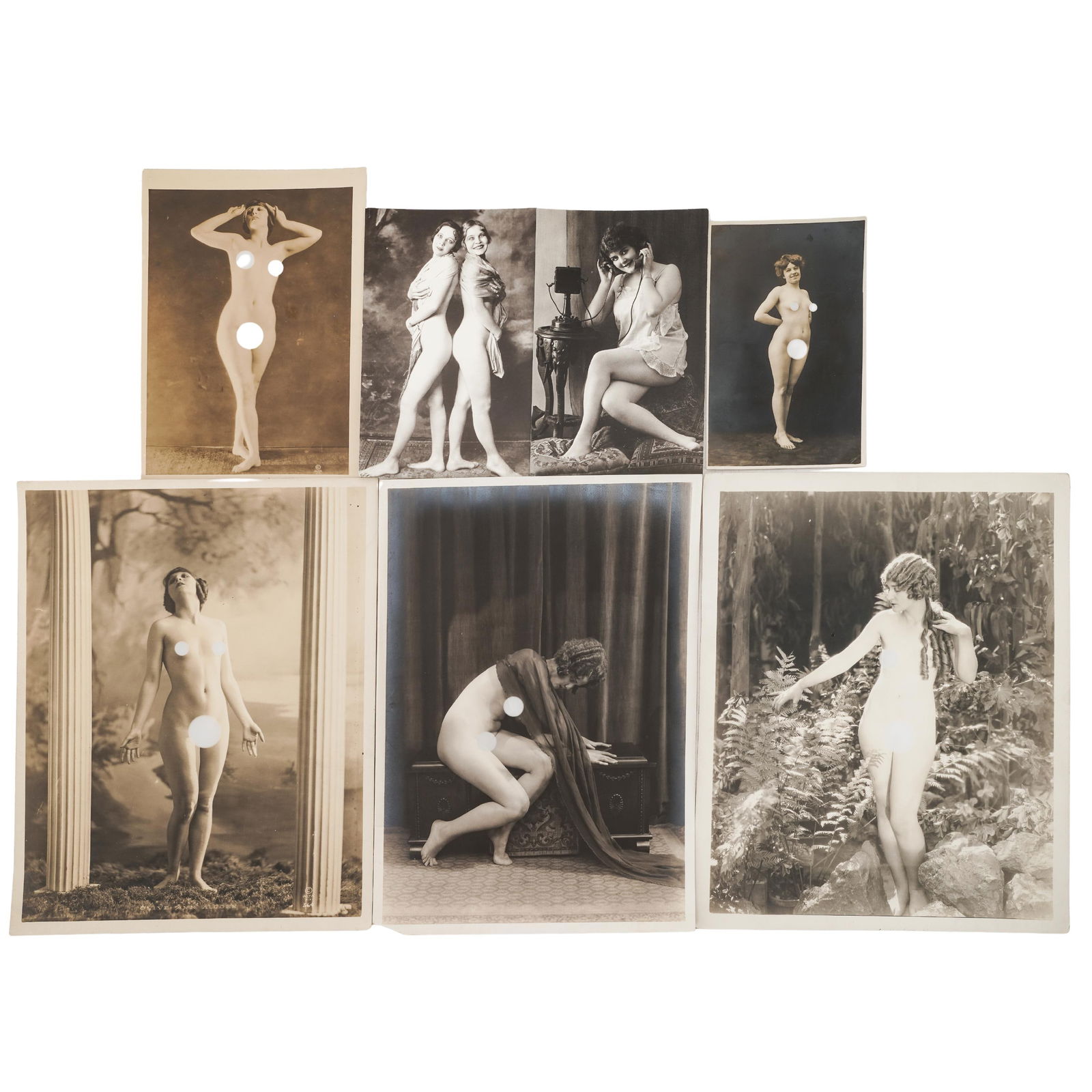 (7 Pc) Antique Erotic Photos & Postcards: (7 Pc) Antique Erotic Photos & PostcardsEarly 20th c., USAEarly 1900's black and white (5) photographs and (2) postcards of nude and semi-nude models.(Largest) L: 10" W: 8"(Smallest) L: 5.5" W: 3.5"