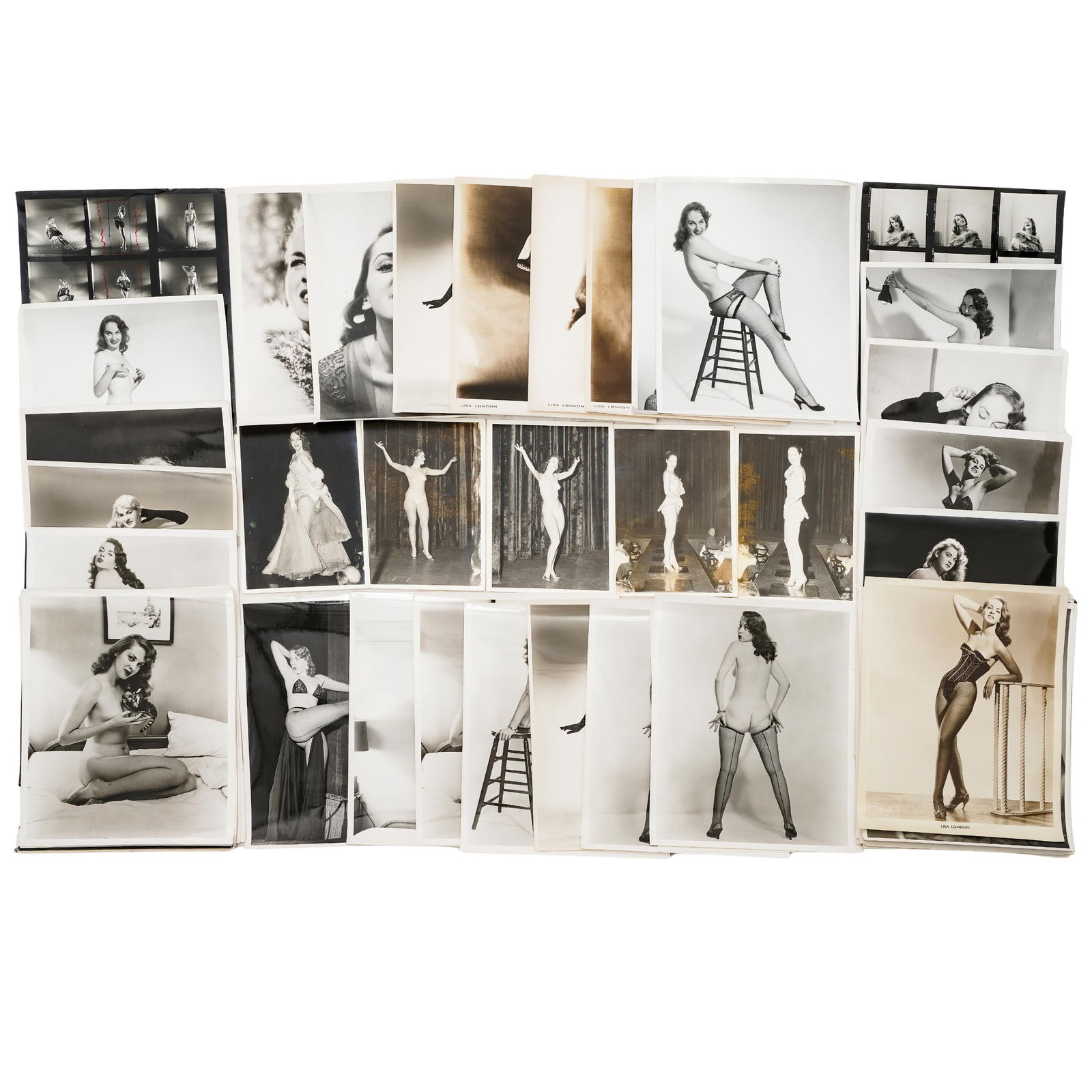 Vintage Nude and Pinup Photography: Vintage Nude and Pinup Photography circa 1950s-1960s, American A large grouping of various nude and pin-up photography. Some pictures are marked with models "Anne Krohley", "Lisa London", and "Lyn