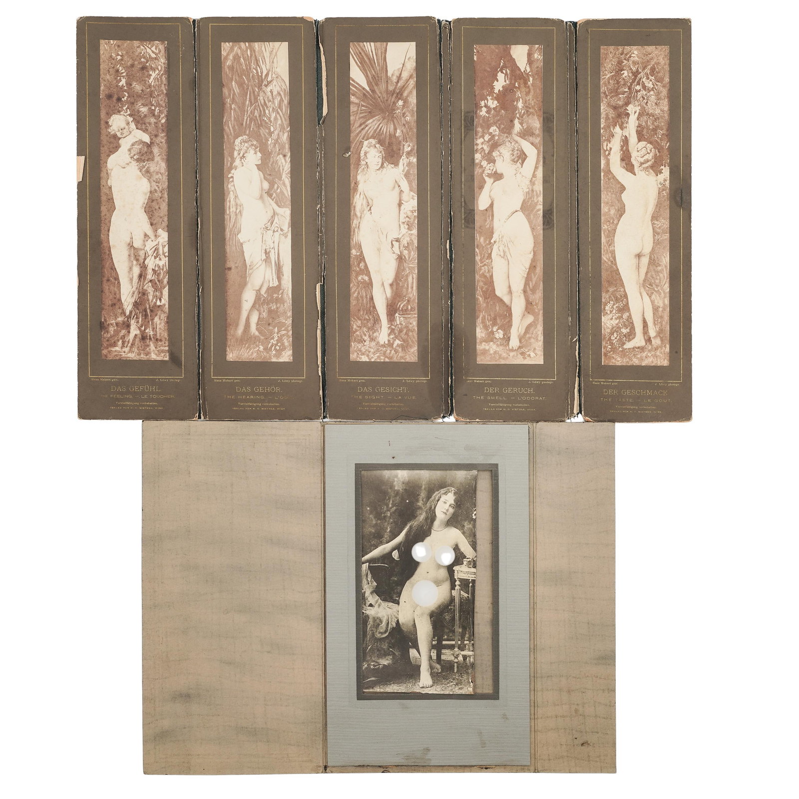 (2 pcs) Art Nouveau Nude Tin Type and Print Photography: (2 pcs) Art Nouveau Nude Tin Type and Print Photography 1890-1914 (1) Hans Makart "Five Sense"- Five panels of photography of the five senses as portrayed by a nude model. Each marked underneath the p