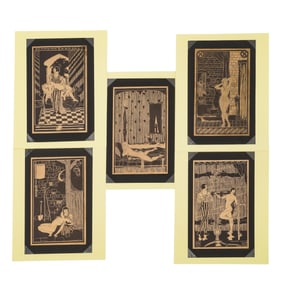 (5 Pc) Pierre Louys Art Deco Gilt Foil Erotic Illustrations