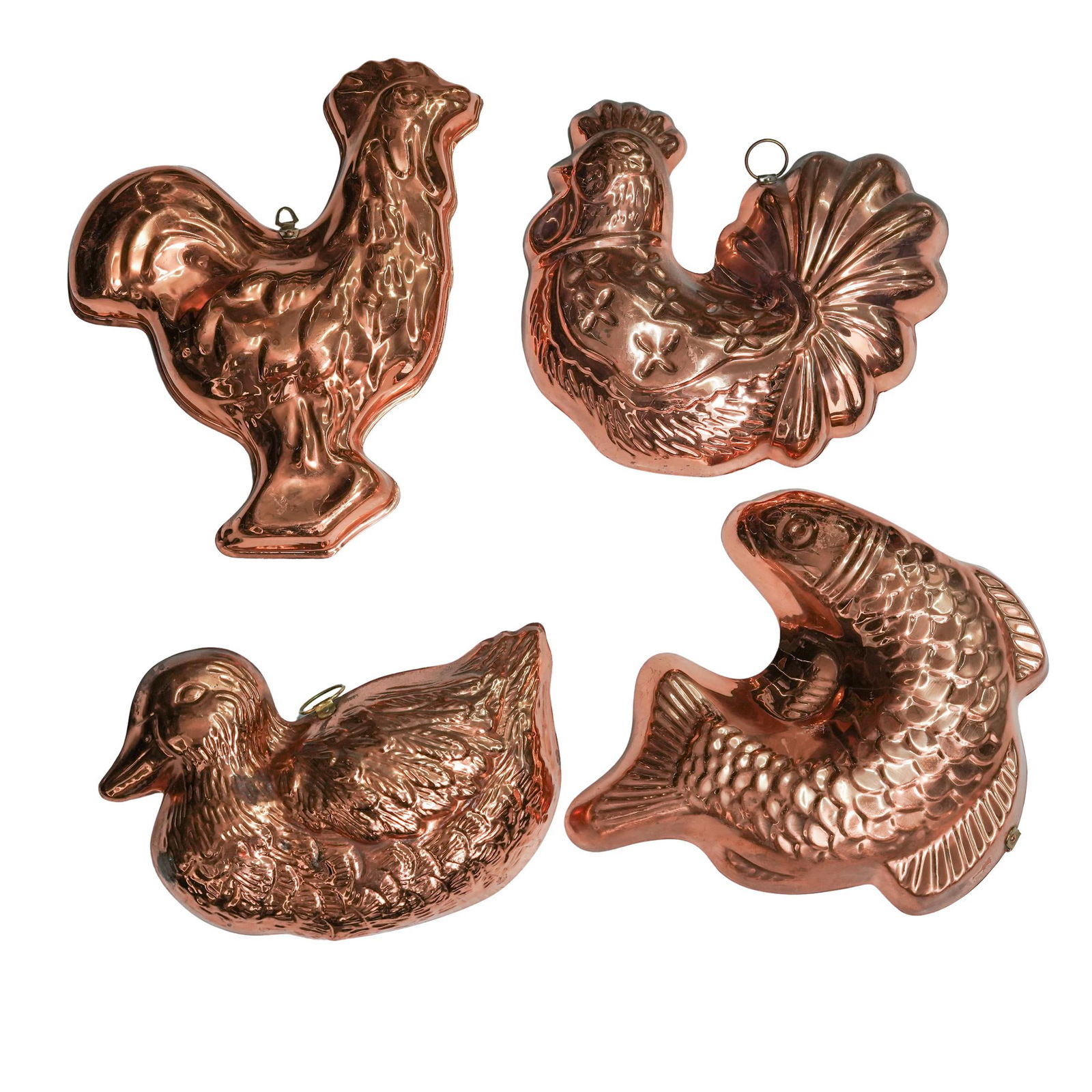 (4pc) Vintage Portuguese Animal Copper Molds: (4pc) Vintage Portuguese Animal Copper MoldsMid to Late 20th Cent., PortugueseA collection of four vintage copper molds in animals forms, including a duck, a fish, and two roosters. Still bearing the
