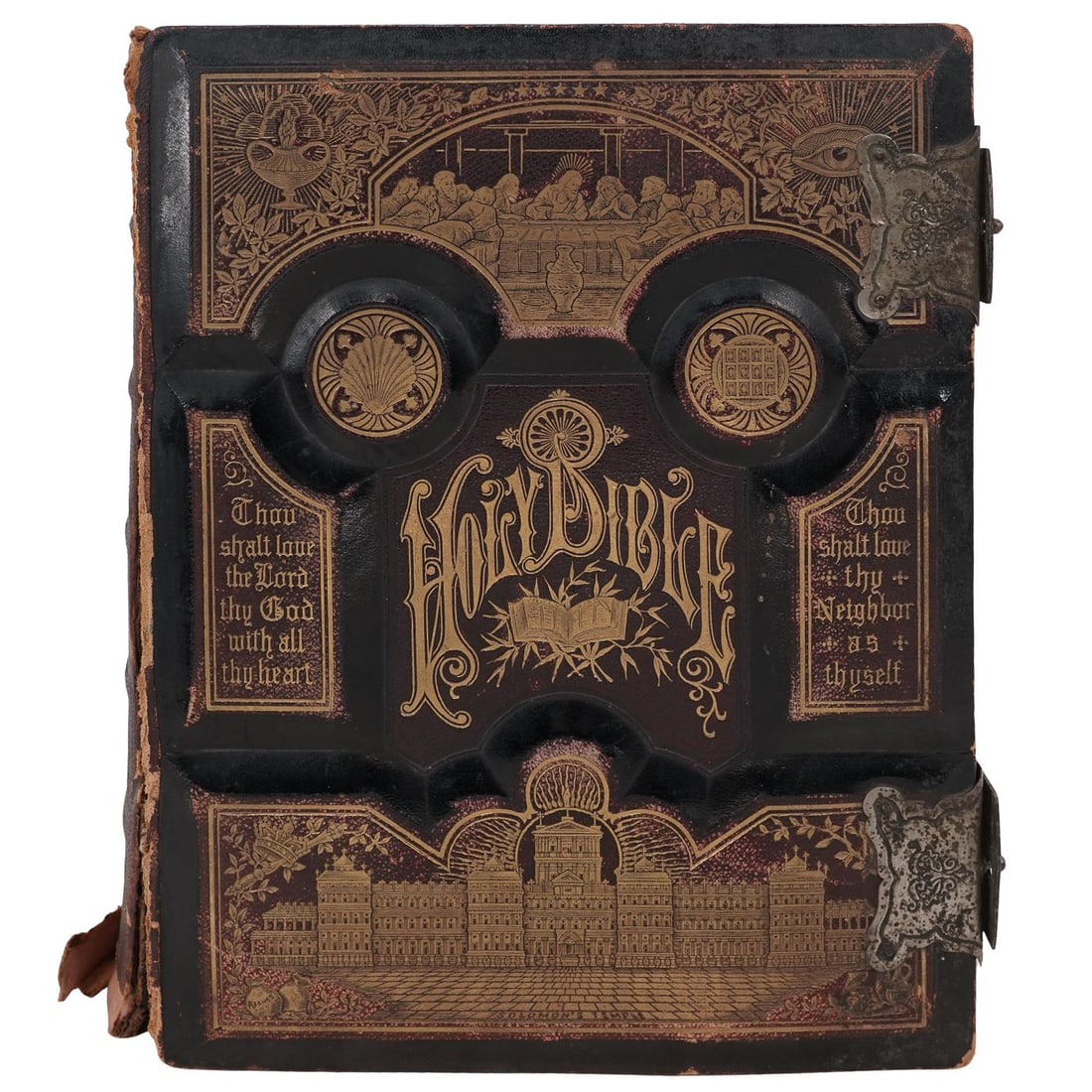 Antique Pictorial Family Holy Bible W/ Colored Scripture Illustrated Plates: Antique Pictorial Family Holy Bible W/ Colored Scripture Illustrated PlatesLate 19th century, AmericanAn antique Holy Bible. Marked on one cover page in full color "Pictorial Family Bible", correspond