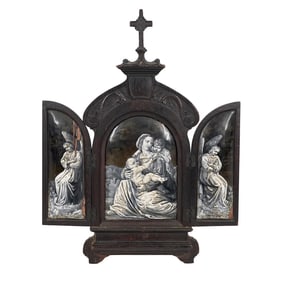 Antique Carved Wood & Enamel Religious Triptych