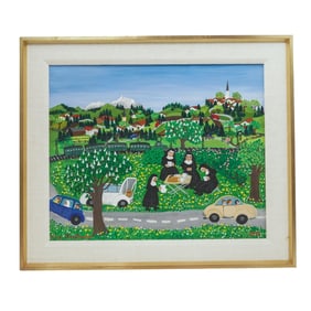 Lisa Kreitmeir (German, 1935-2008) "Picnic in God's Free Nature" Oil on Board