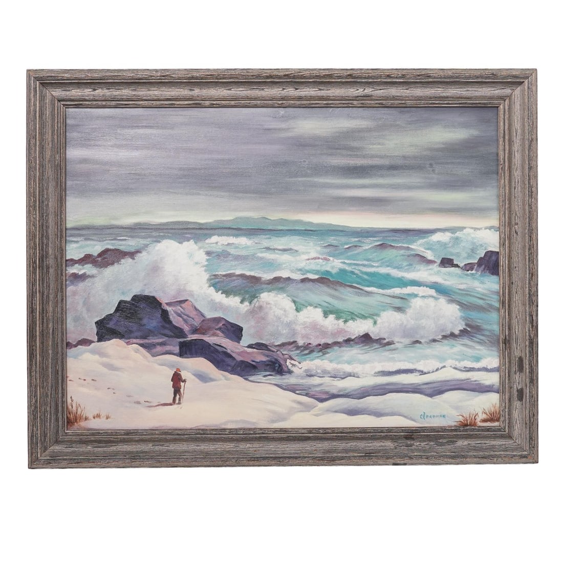 Claramae Scarnecchia Oceanscape Oil Painting: Claramae Scarnecchia Oceanscape Oil PaintingMid 20th c., USAOil on canvas painting of waves crashing against dark, jagged rocks while a lone figure walks along a snowy shoreline in the foreground. It