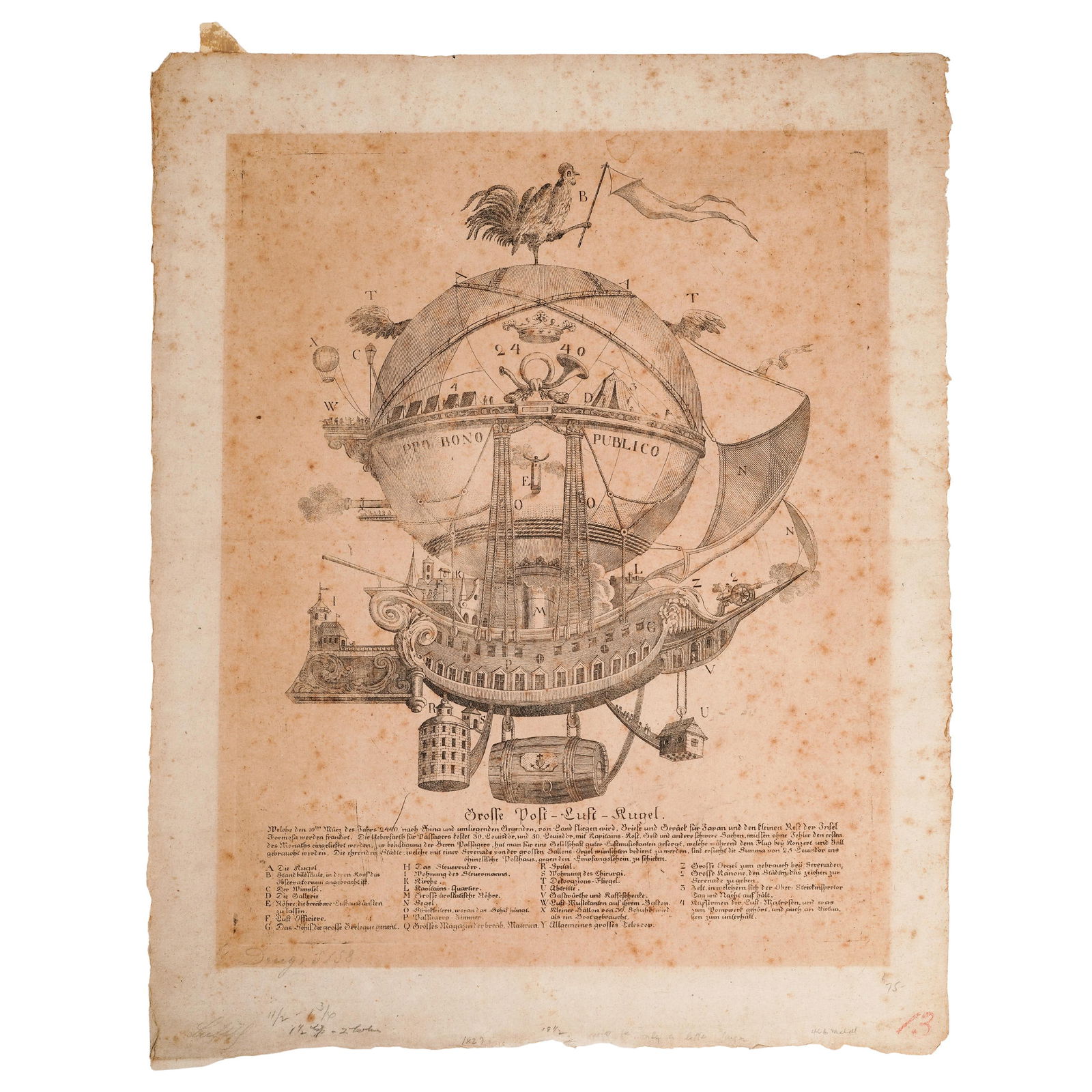 Antique German Illustration After Balthasar Anton Dunker's "Postal Air Balloon": Antique German Illustration After Balthasar Anton Dunker's "Postal Air Balloon"19th c., GermanyHistorical German illustration titled "Grosse Post-Luft-Kugel" ("Large Postal Air Balloon"). This is a sa