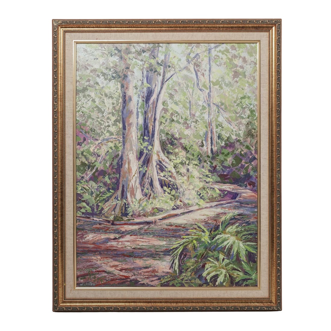 Jan Lower Riznikove Landscape Oil Painting: Jan Lower Riznikove Landscape Oil Painting2003, USAOil on canvas painting of a winding forest path. It is signed by the artist in the lower left corner. Exhibition label on verso. It is housed in an o
