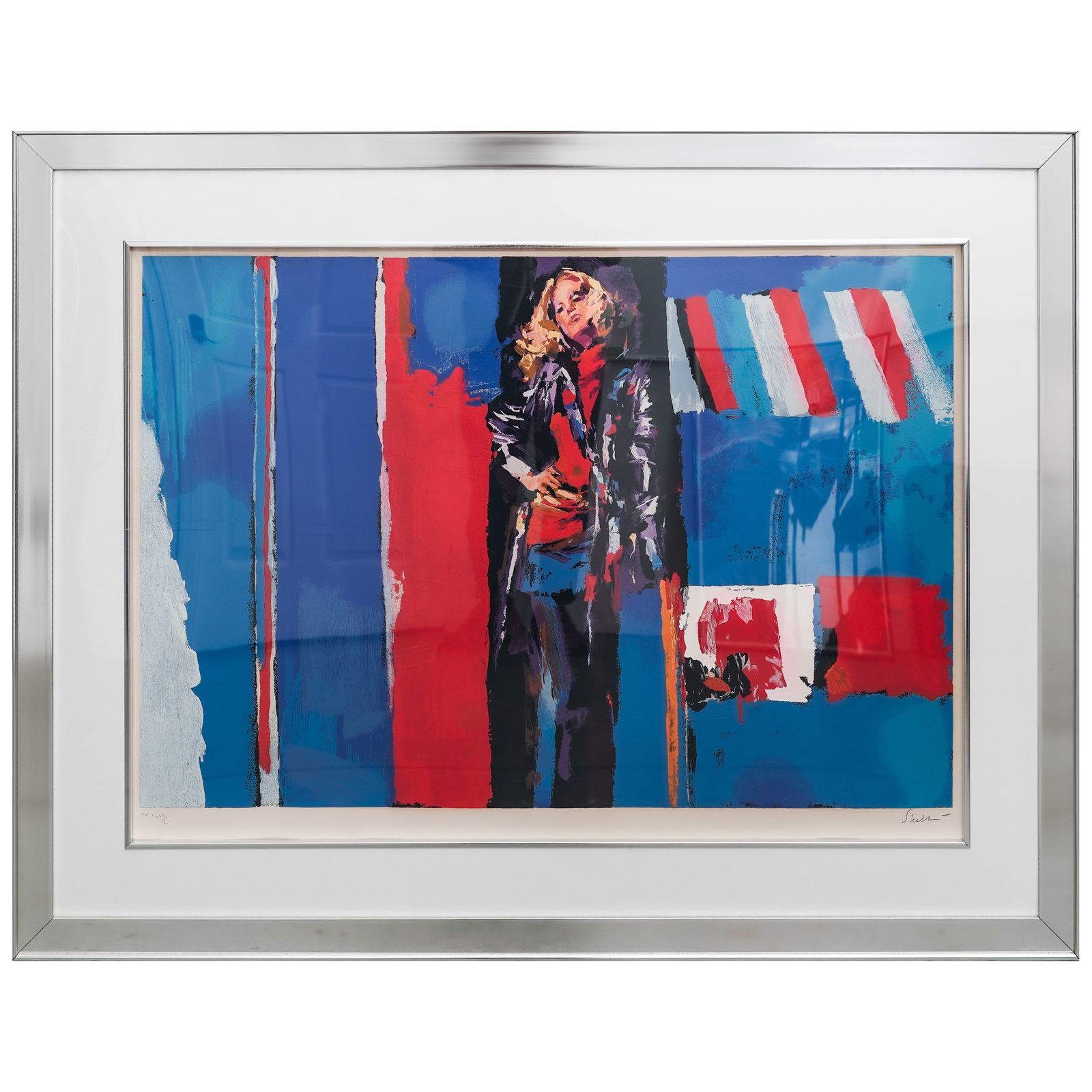 Nicola Simbari (Italian 1927-2012) AP Lithograph: Nicola Simbari (Italian 1927-2012) AP Lithograph20th Cent, USAVibrant color serigraph by Nicola Simbari, depicting a stylized female figure set against a bold abstracted background of saturated blues,