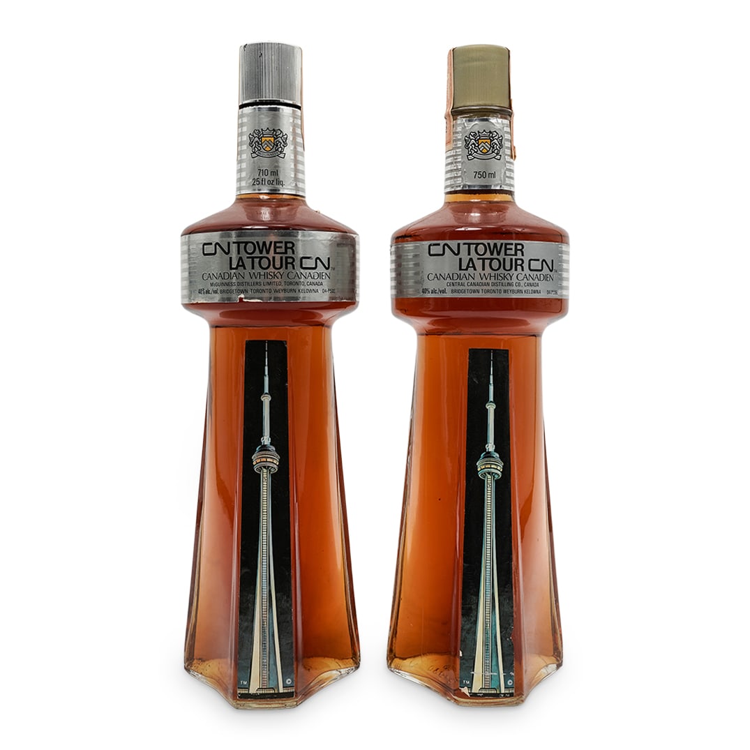 Pair of McGuinness Distillers CN Tower La Tour Canadian Whiskey: Pair of McGuinness Distillers CN Tower La Tour Canadian Whiskey1977 CanadaPair of McGuinness Distillers CN Tower La Tour Canadian Whiskey.The whisky was bottled in a commemorative bottle shaped like t