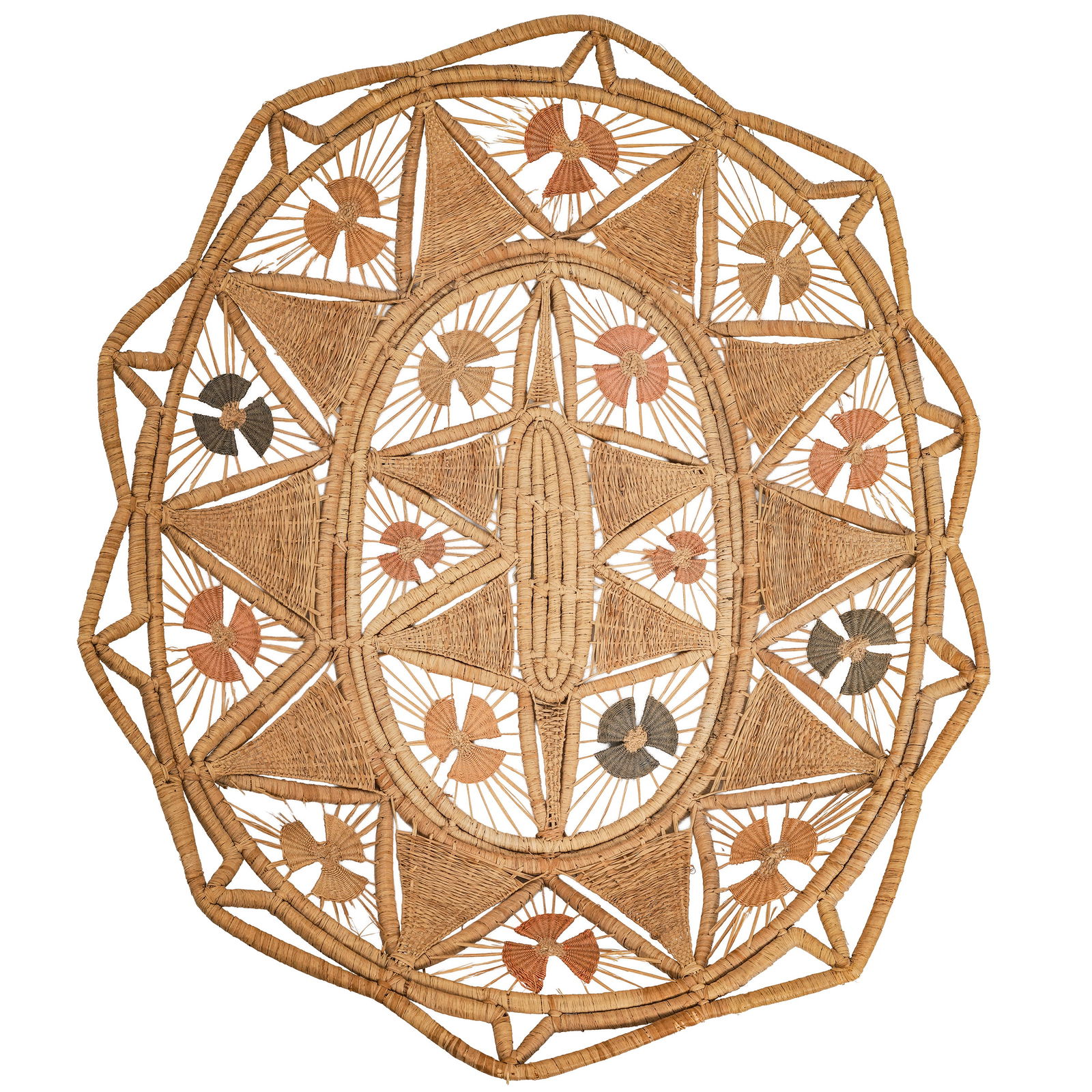 Handwoven Pine Needle and Grass Basket: Handwoven Pine Needle and Grass BasketCentral or South AmericaDecorative handwoven pine needle and grass basket with colored raffia accents. It features an openwork geometric Tenerife lace design.Appr