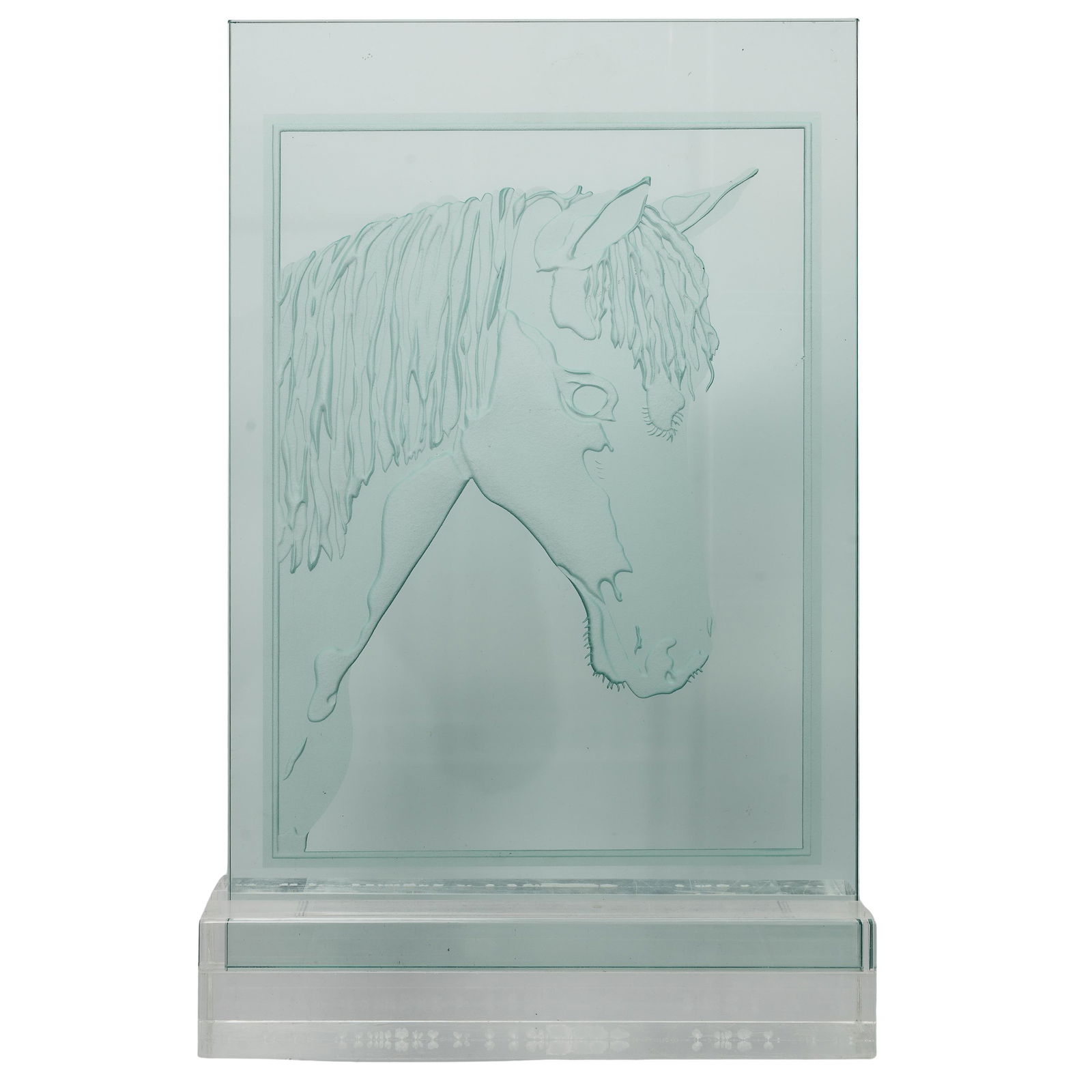Etched Glass Horse Plaque: Etched Glass Horse Plaque Late 20th c. Large rectangular glass panel featuring a detailed etching of a horse head with a frosted finish. It comes with a clear acrylic display stand base. (Panel) H: