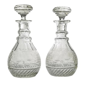 Pair of Antique Etched Cut Crystal Decanters