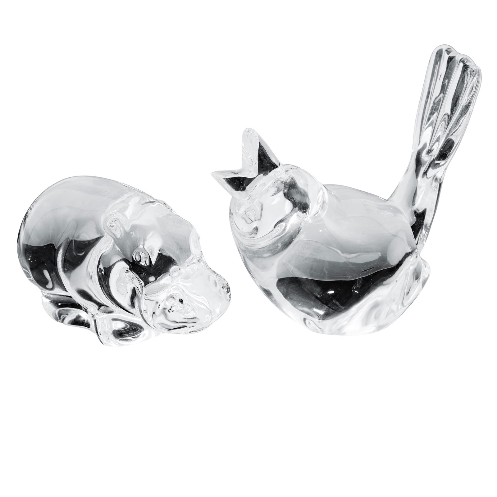 (2pc) Steuben Glass Animal Figurines: (2pc) Steuben Glass Animal FigurinesMid to Late 20th Cent., USATwo Steuben clear crystal animal figurines , comprising a bird and a hippo. Both signed "Steuben" on the undersideH: 2" Dia: 3 1/4"H: 3 1